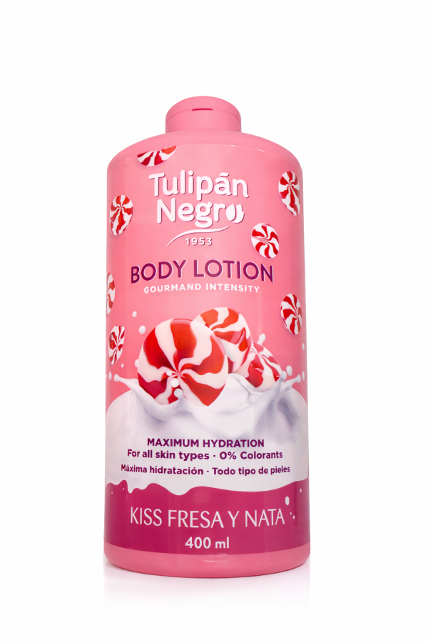 Loțiune de Corp Tulipán Negro Kiss Fresa y Nata – Hidratare Maximă, Parfum Dulce de Căpșuni și Frișcă, 400 ml